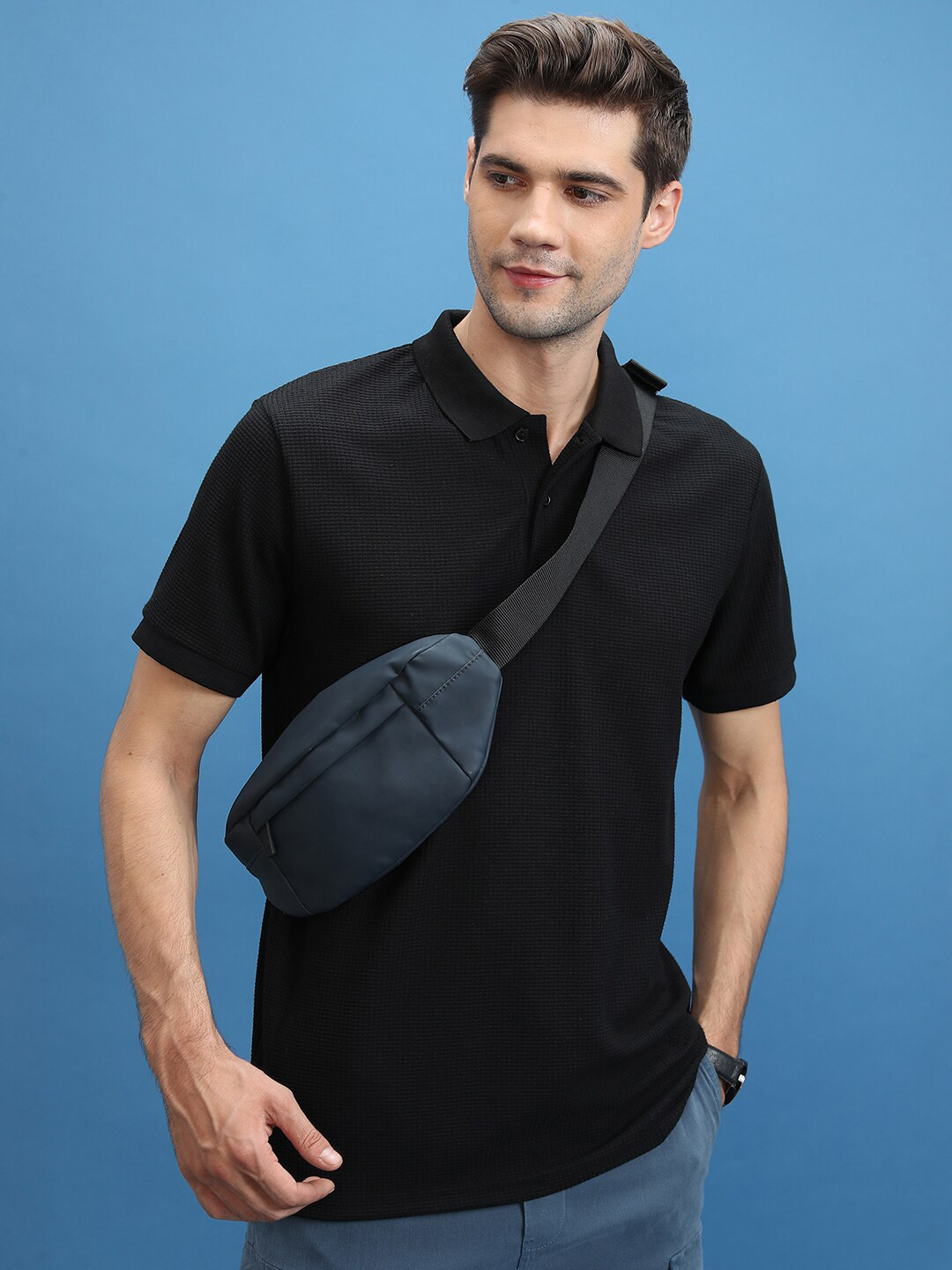

HIGHLANDER Self Design Polo Collar Relaxed Fit Popcorn Structured T-shirt, Black