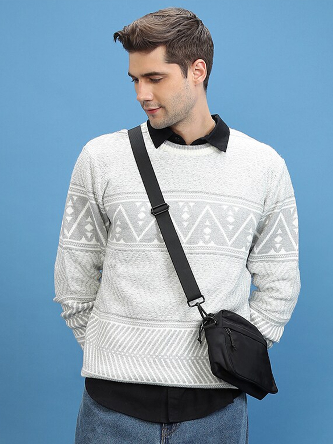 

HIGHLANDER Self Design Open Knit Acrylic Pullover Sweater, White