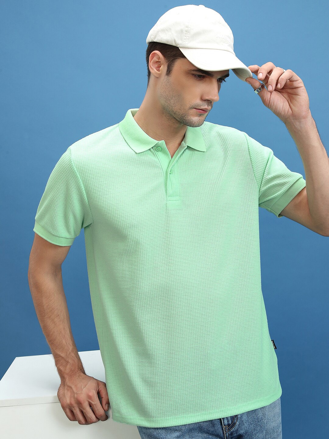 

HIGHLANDER Polo Collar Short Sleeves Relaxed Fit Popcorn Structured T-shirt, Green