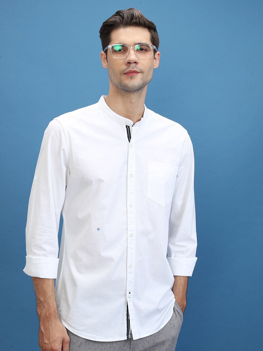 

HIGHLANDER Slim Fit Band Collar Cotton Casual Shirt, White