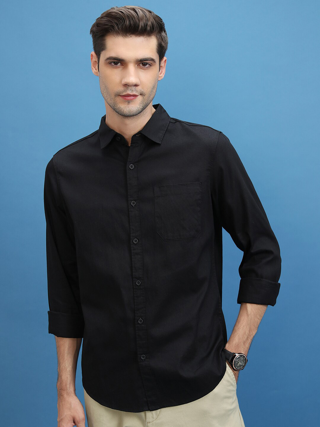 

HIGHLANDER Slim Fit Cotton Casual Shirt, Black
