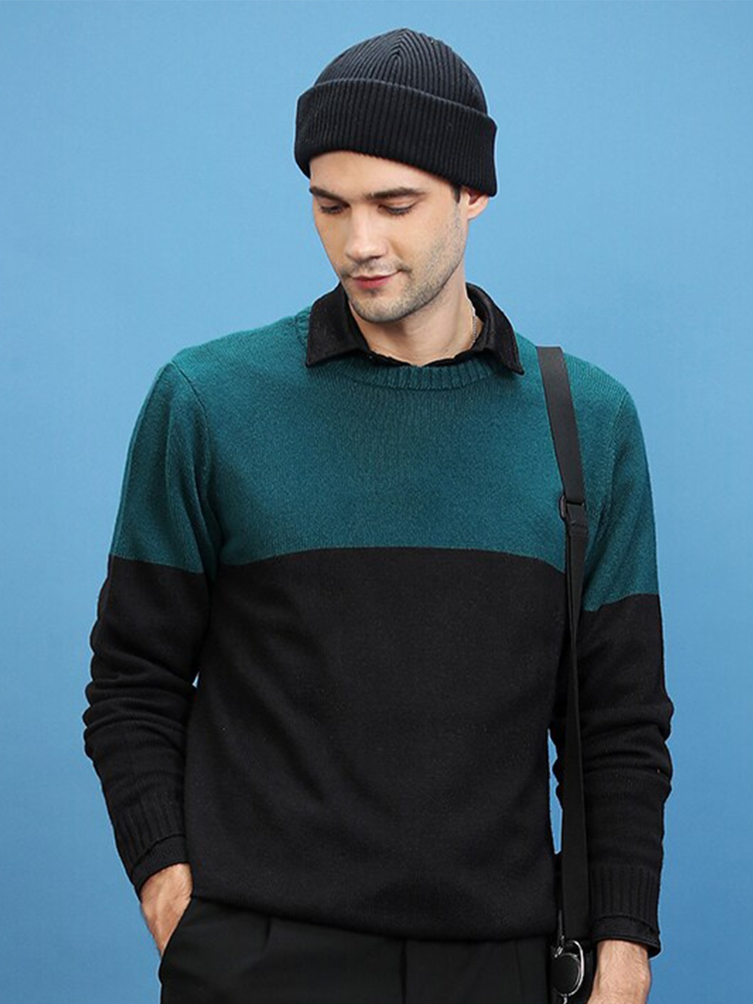 

HIGHLANDER Colourblocked Acrylic Pullover Sweater, Green