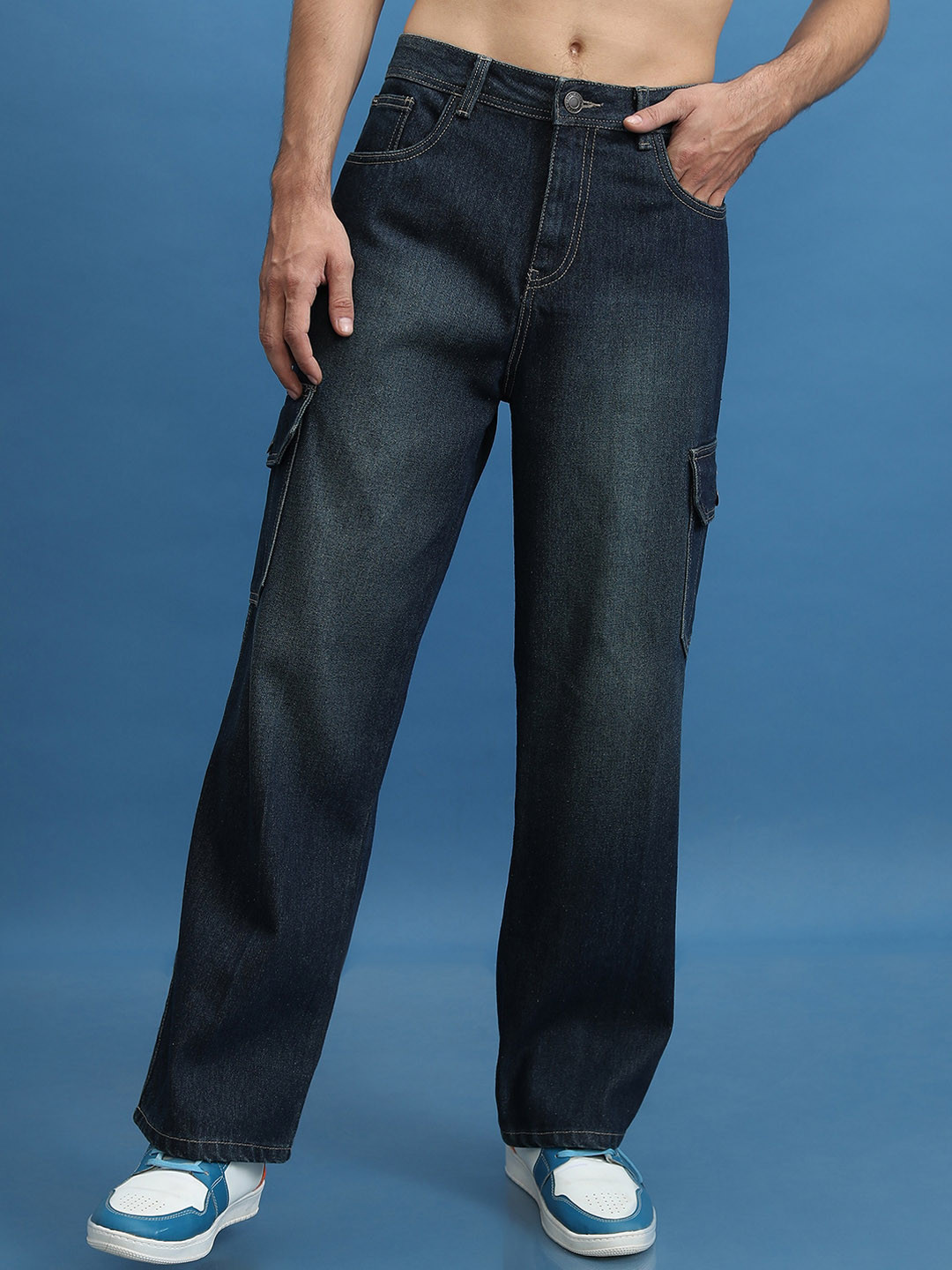 

HIGHLANDER Men Mid-Rise Cotton Cargo Jeans, Blue