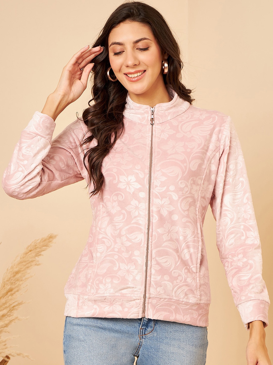 

Modeve Floral Self Design Lightweight Bomber Jacket, Pink