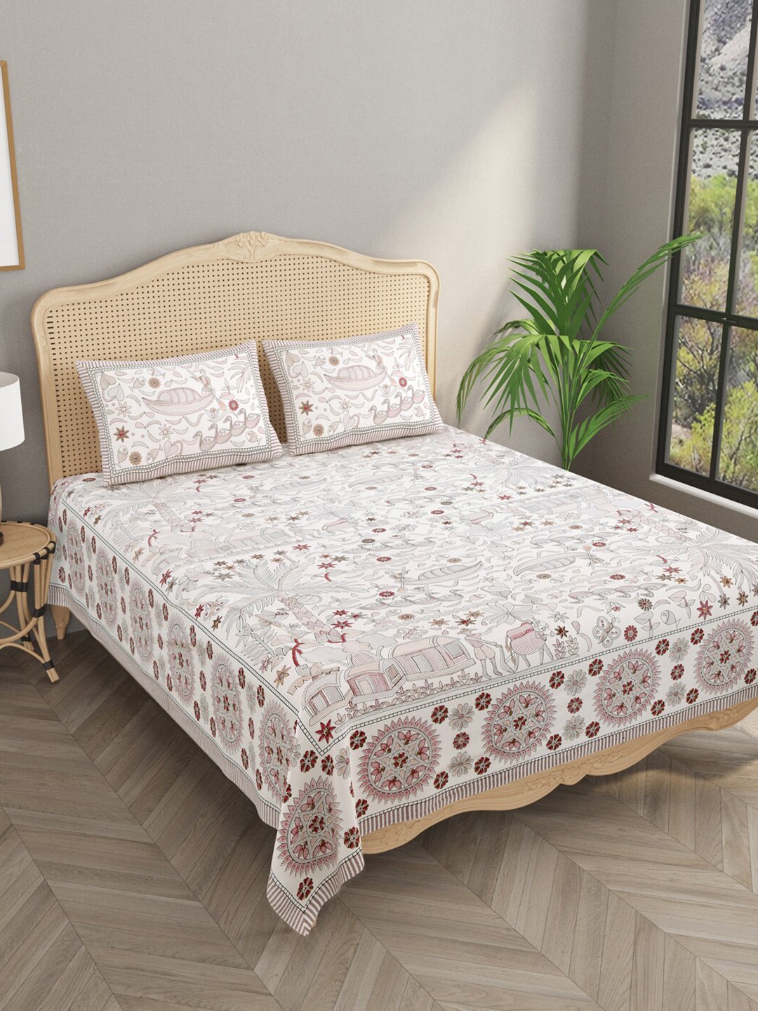 

Gulaab Jaipur Red & White Floral Cotton 600 TC King Bedsheet With 2 Pillow Covers