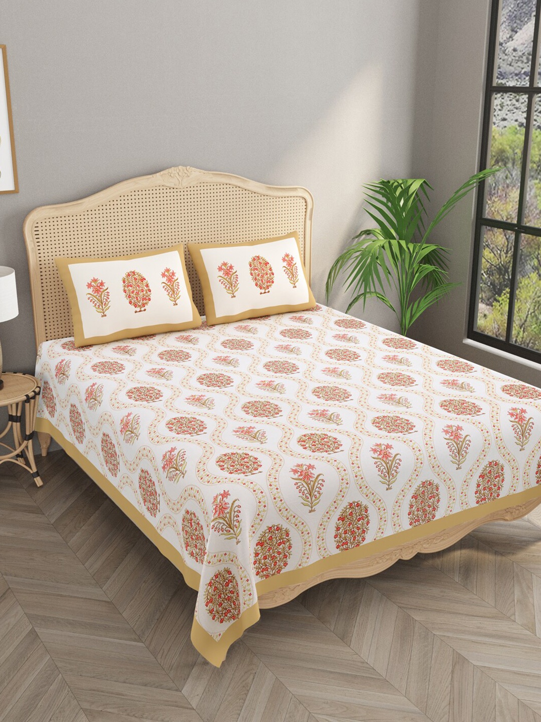 

Gulaab Jaipur Orange & Pink Floral Cotton 600 TC King Bedsheet With 2 Pillow Covers