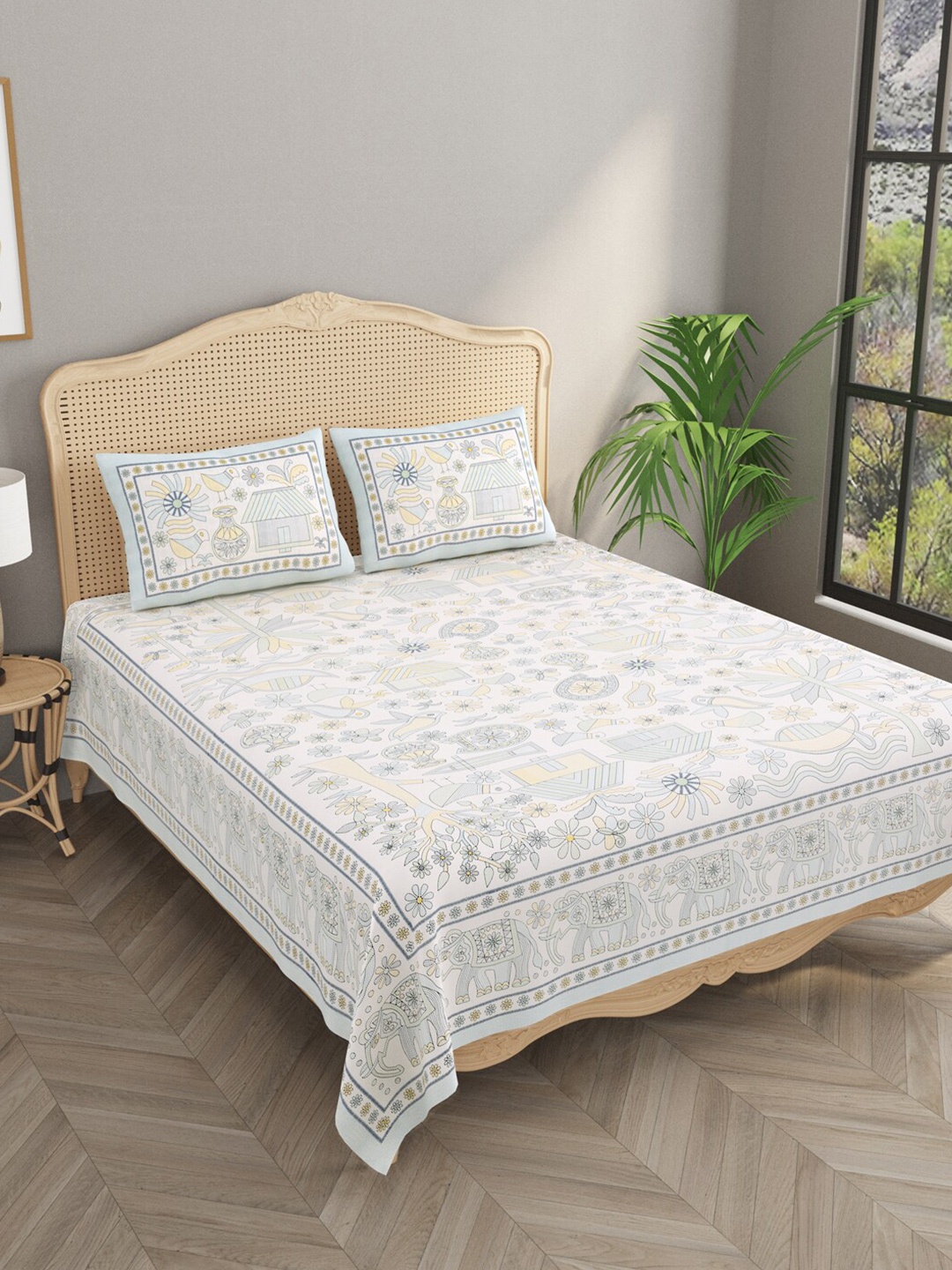 

Gulaab Jaipur Blue & White Floral Cotton 600 TC King Bedsheet With 2 Pillow Covers