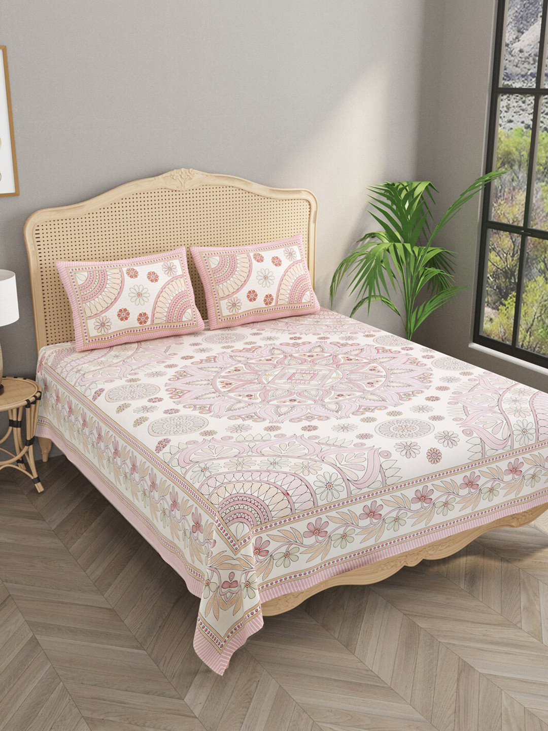 

Gulaab Jaipur Pink & White Floral Cotton 600 TC King Bedsheet with 2 Pillow Covers