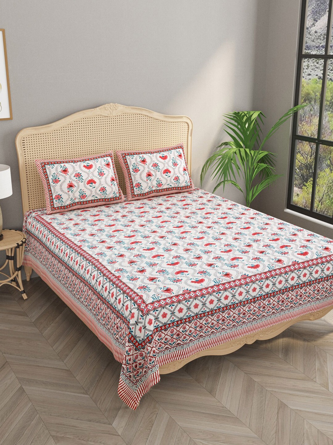 

Gulaab Jaipur Red & White Floral Cotton 600 TC King Bedsheet with 2 Pillow Covers