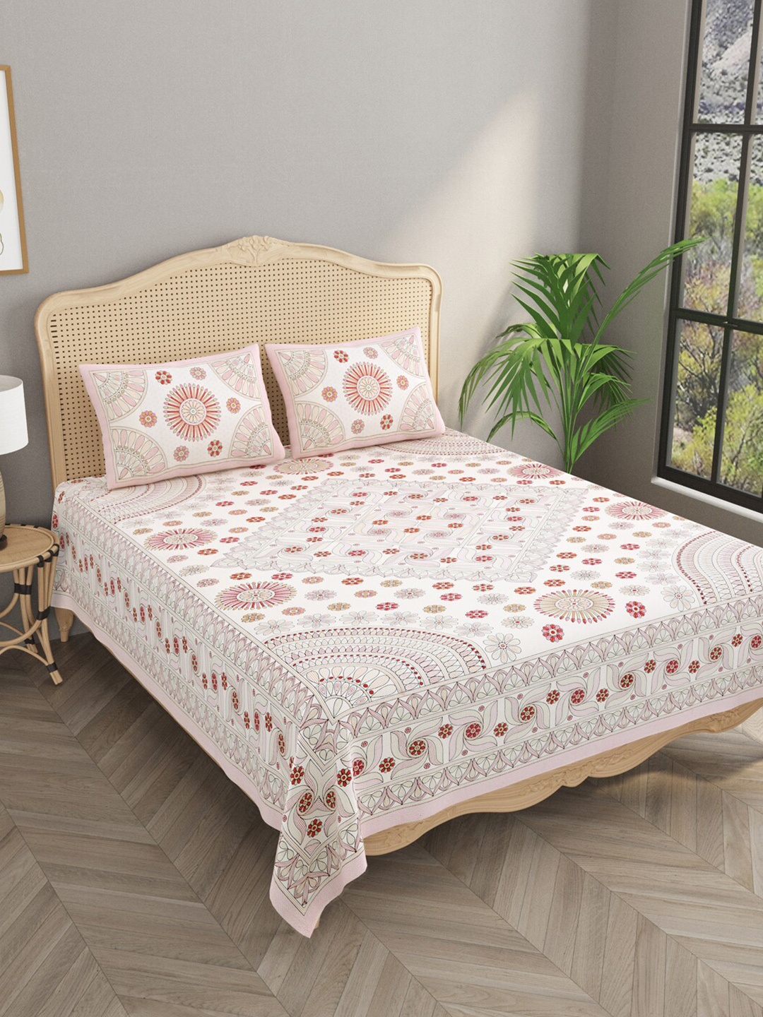 

Gulaab Jaipur Pink & White Floral Cotton 600 TC King Bedsheet with 2 Pillow Covers