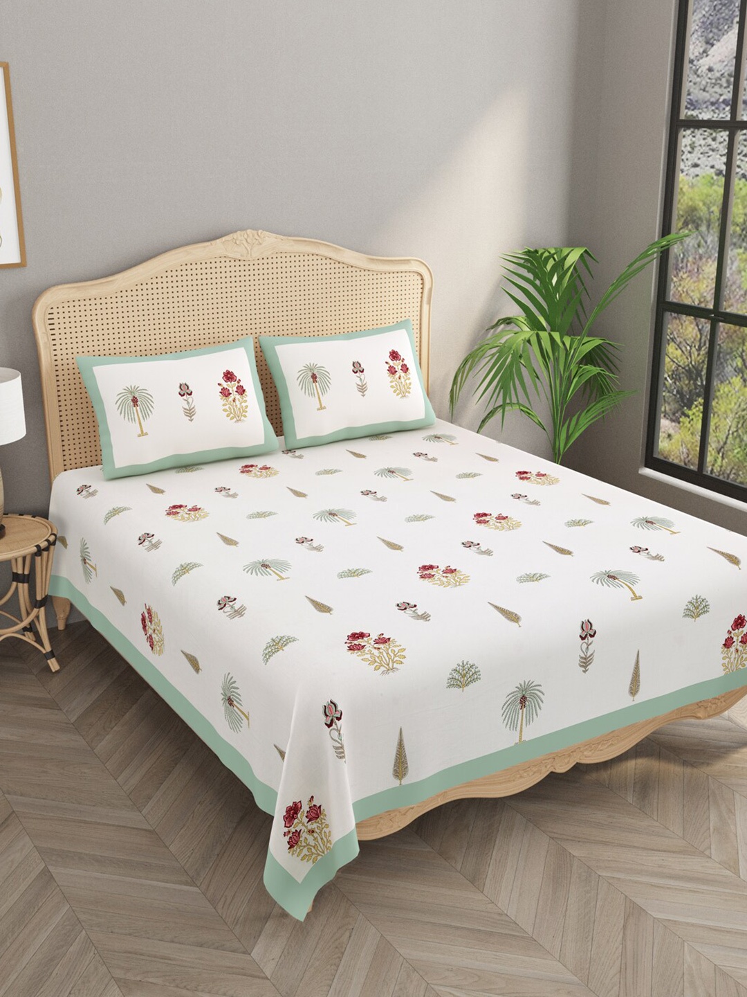 

Gulaab Jaipur Red & White Floral Printed Cotton 600 TC King Bedsheet With 2 Pillow Covers