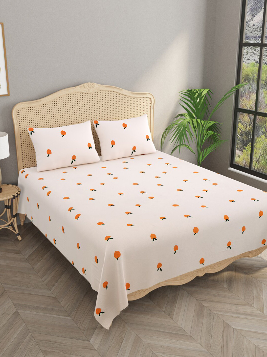 

Gulaab Jaipur Cream & Orange Floral Cotton 600 TC King Bedsheet With 2 Pillow Covers
