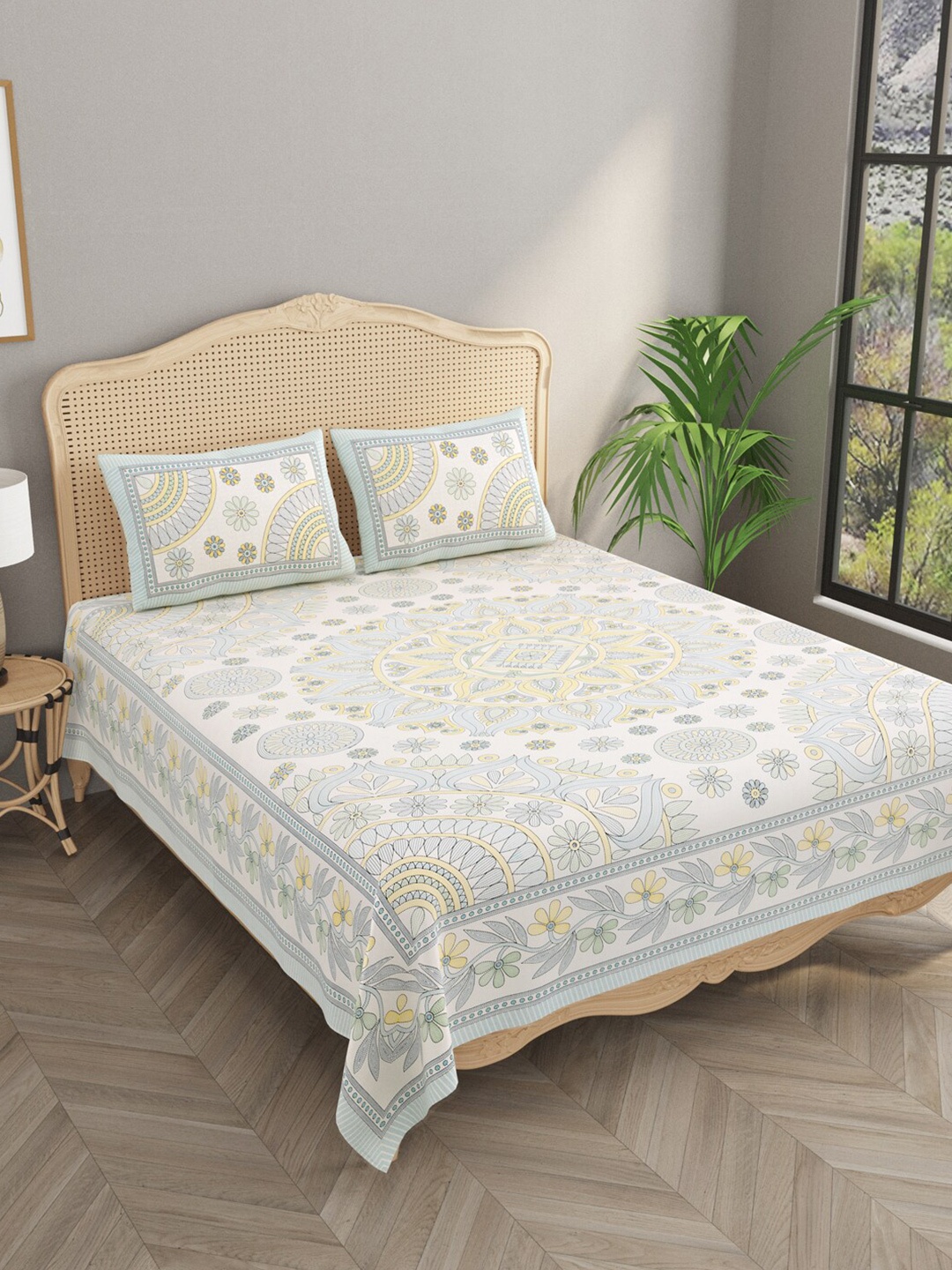 

Gulaab Jaipur Blue & White Floral Cotton 600 TC King Bedsheet with 2 Pillow Covers
