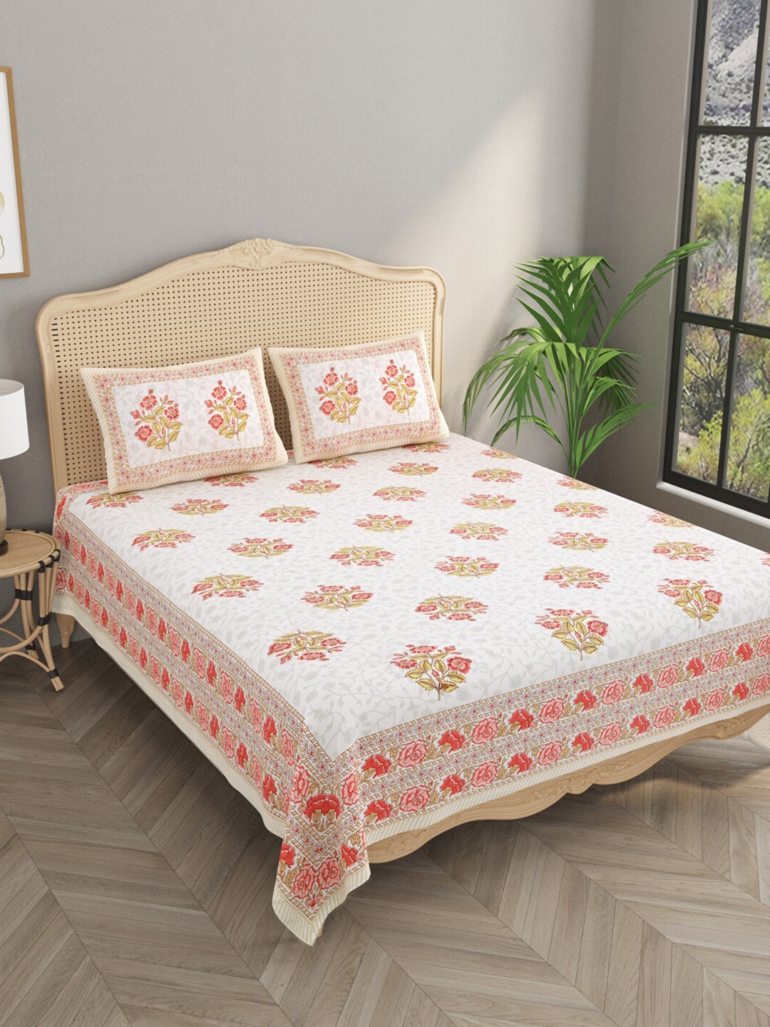 

Gulaab Jaipur Red & White Floral Cotton 600 TC King Bedsheet With 2 Pillow Covers