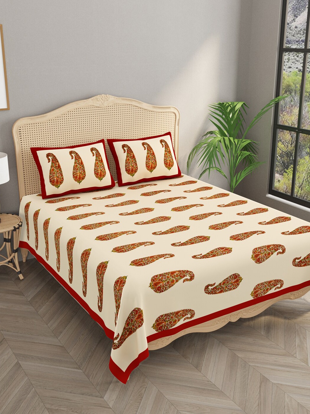 

Gulaab Jaipur Orange & Brown Ethnic Cotton 600 TC King Bedsheet with 2 Pillow Covers