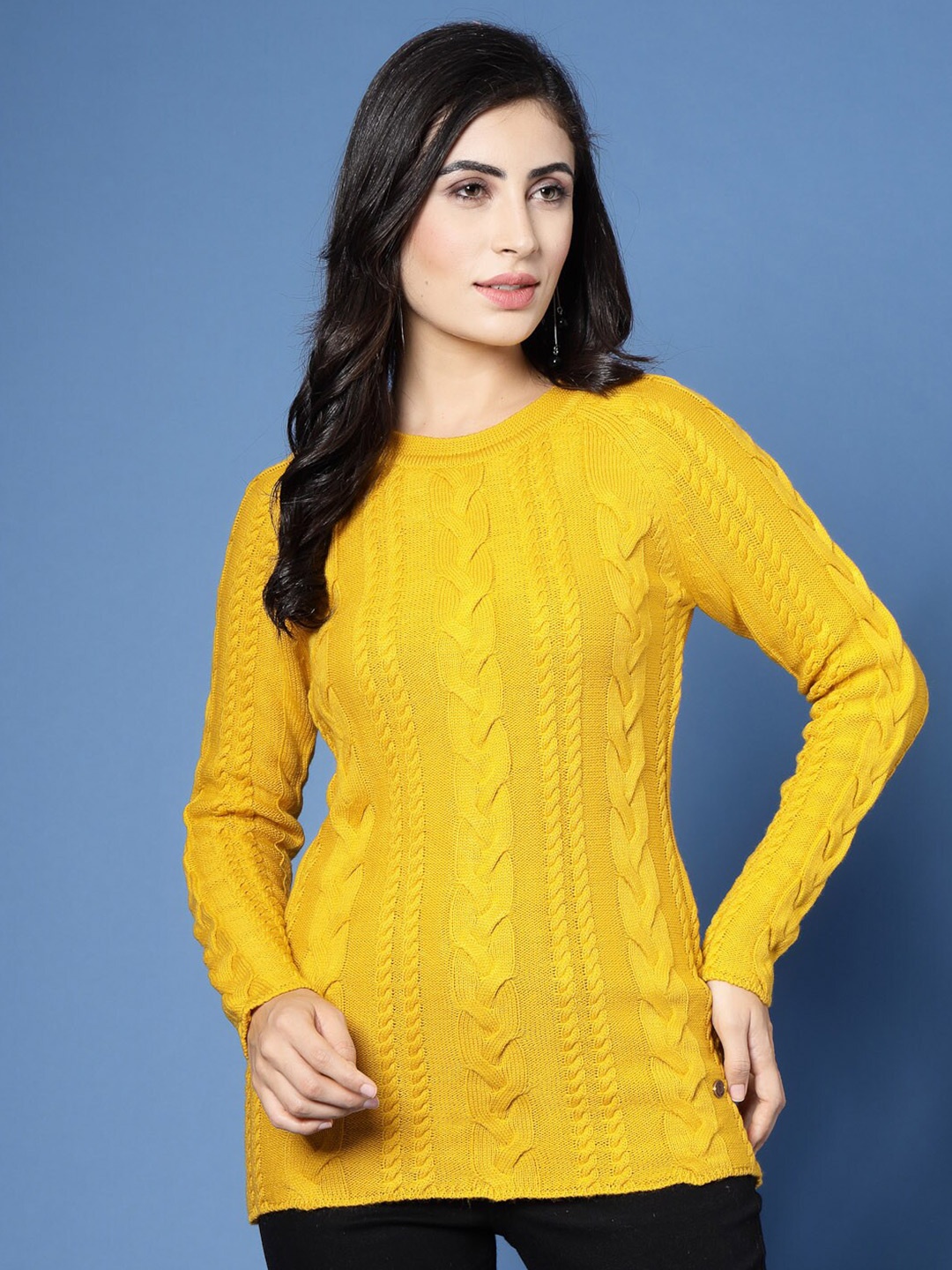

Wool Trees Cable Knit Self Design Acrylic Pullover Sweater, Mustard