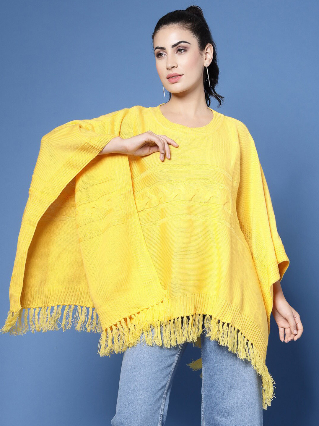 

Wool Trees Self Design Cable Knit Acrylic Poncho Sweater, Yellow