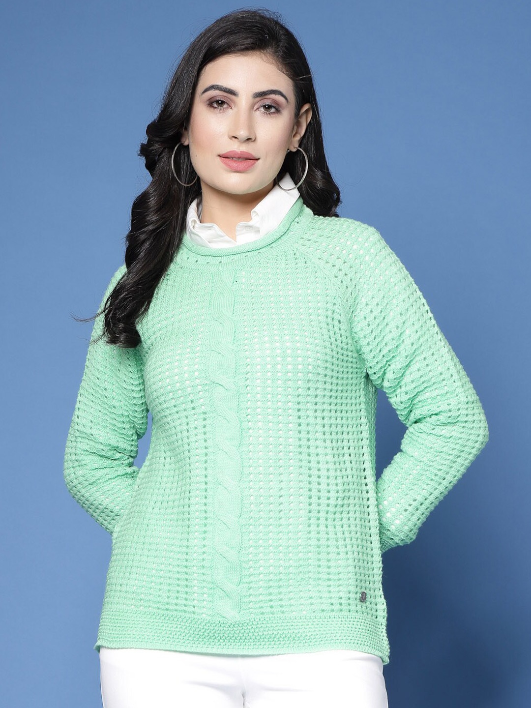 

Wool Trees Self Design Cable Knit Acrylic Sweater Vest, Green