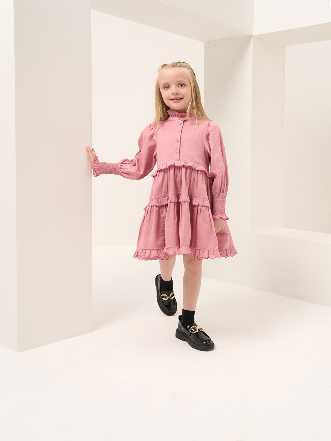 

Angel & Rocket Girls Puff Sleeve Layered A-Line Midi Dress, Pink