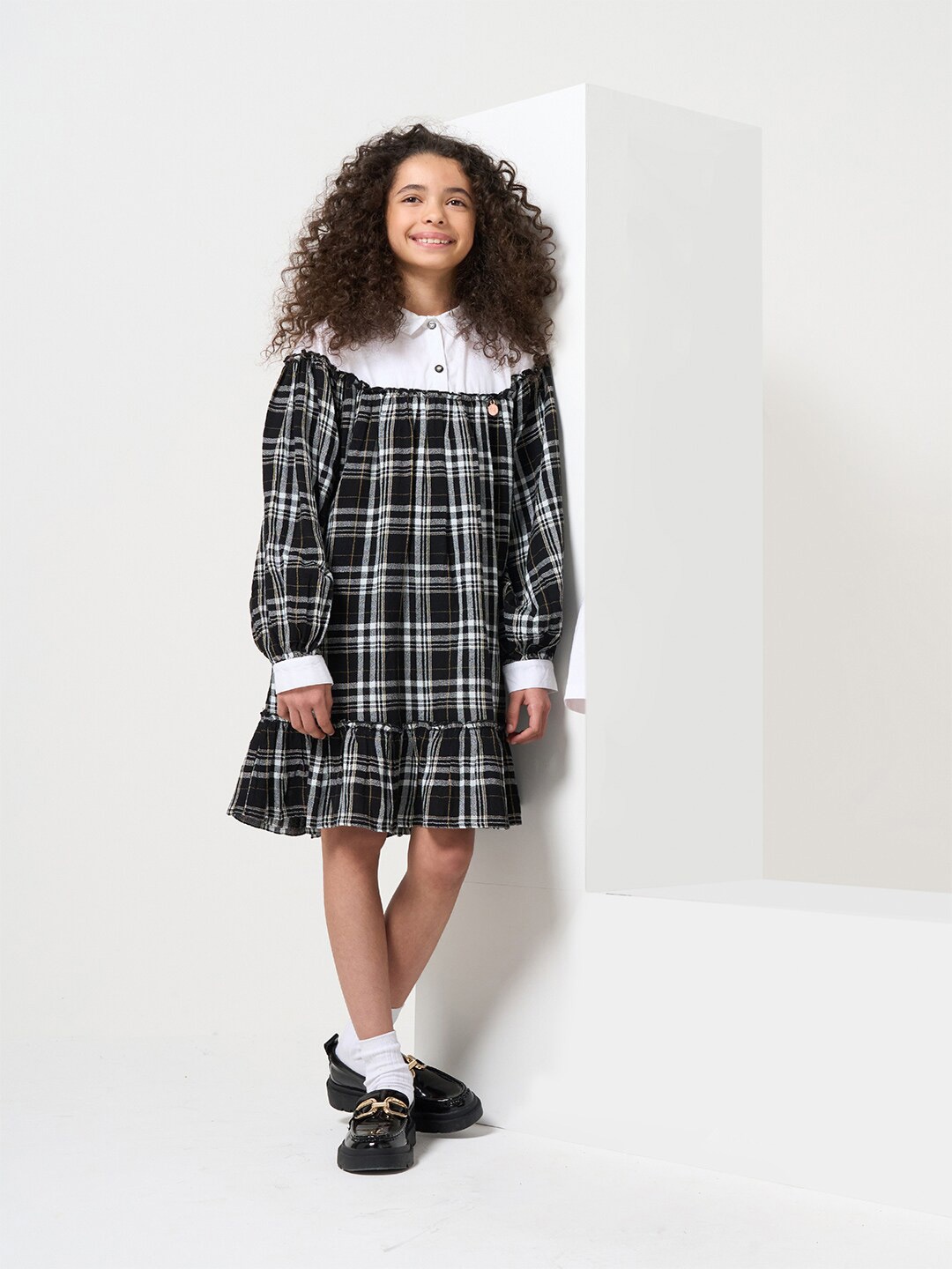

Angel & Rocket Girls Checked Cuffed Sleeves Ruffled Flounce A-Line Dress, Black