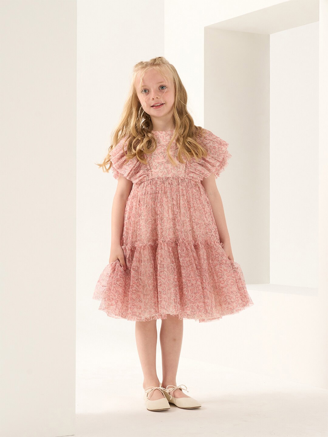 

Angel & Rocket Girls Polka Dot Print Puff Sleeve Ruffled A-Line Dress, Pink