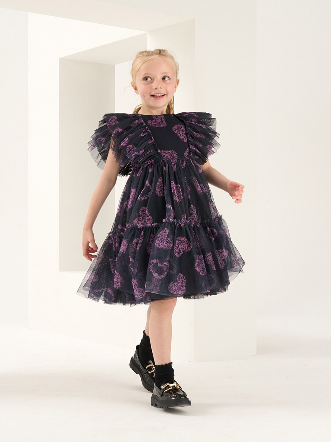 

Angel & Rocket Girls Floral Printed Flutter Sleeves Ruffled Flounce Fit & Flare Dress, Black