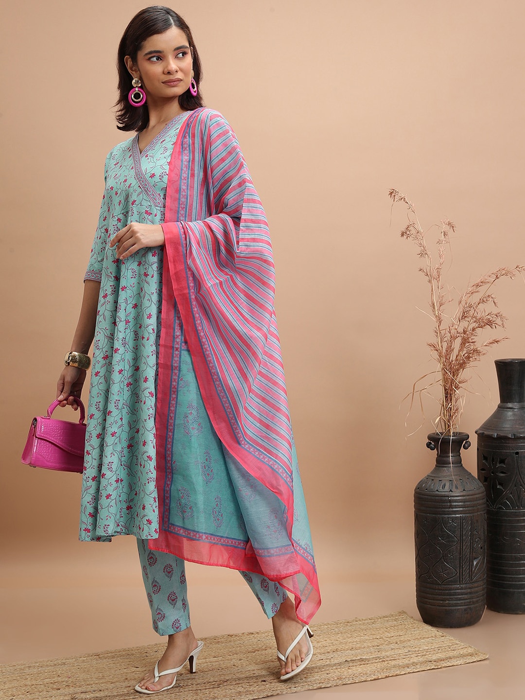 

Vishudh Floral Printed Angrakha Kurta With Trousers & Dupatta, Turquoise blue