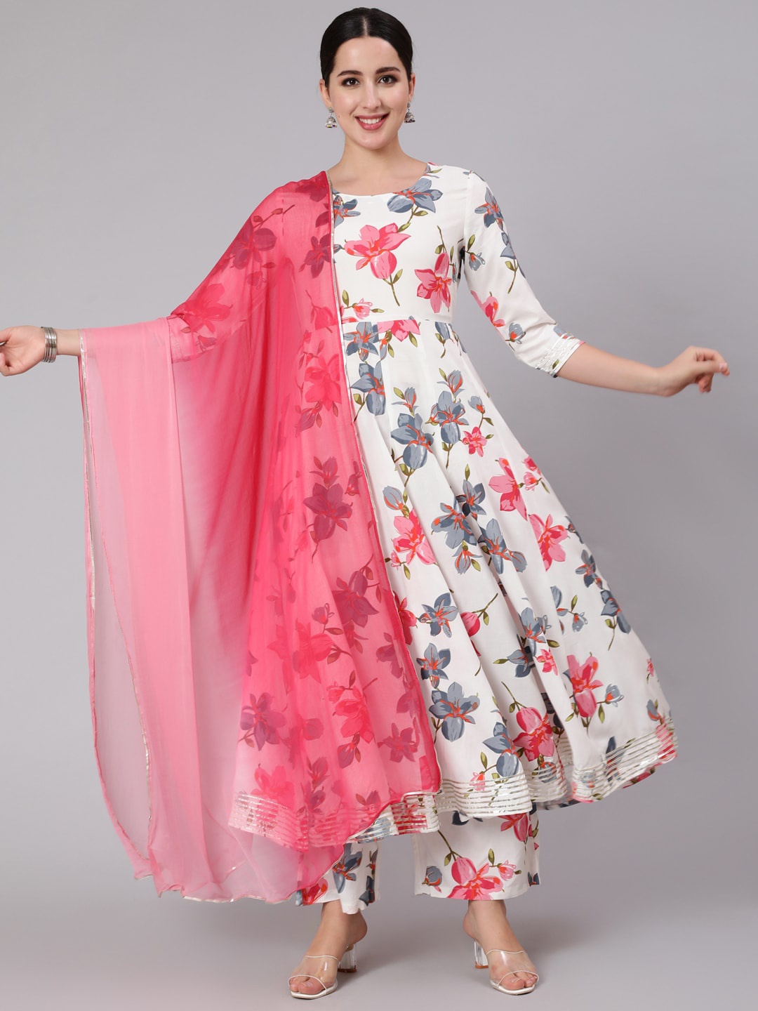 

KIMAYRA Floral Printed Empire Kurta With Palazzos & Dupatta, White