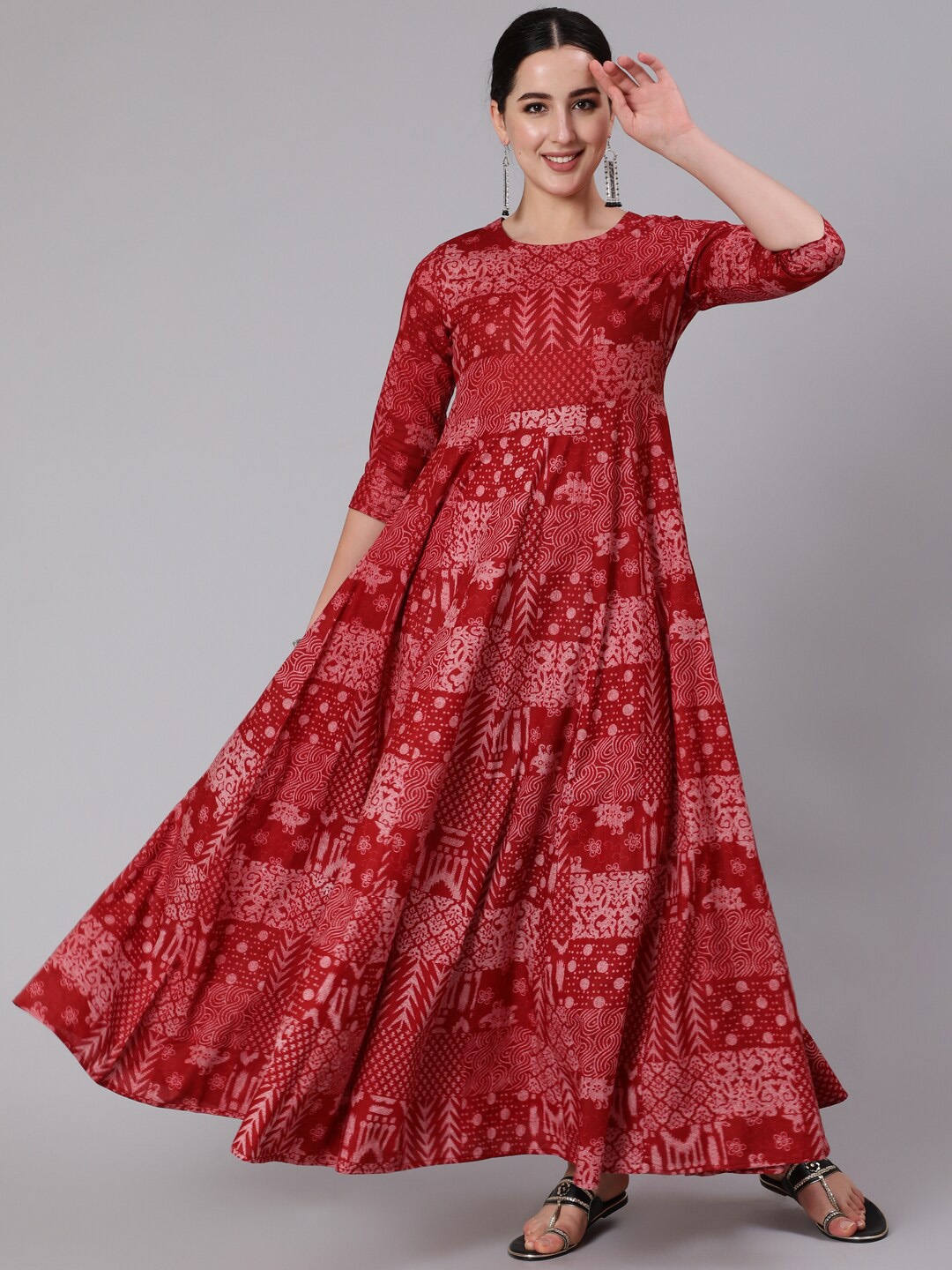 

KIMAYRA Ethnic Motifs Printed Pure Cotton Anarkali Kurta, Maroon