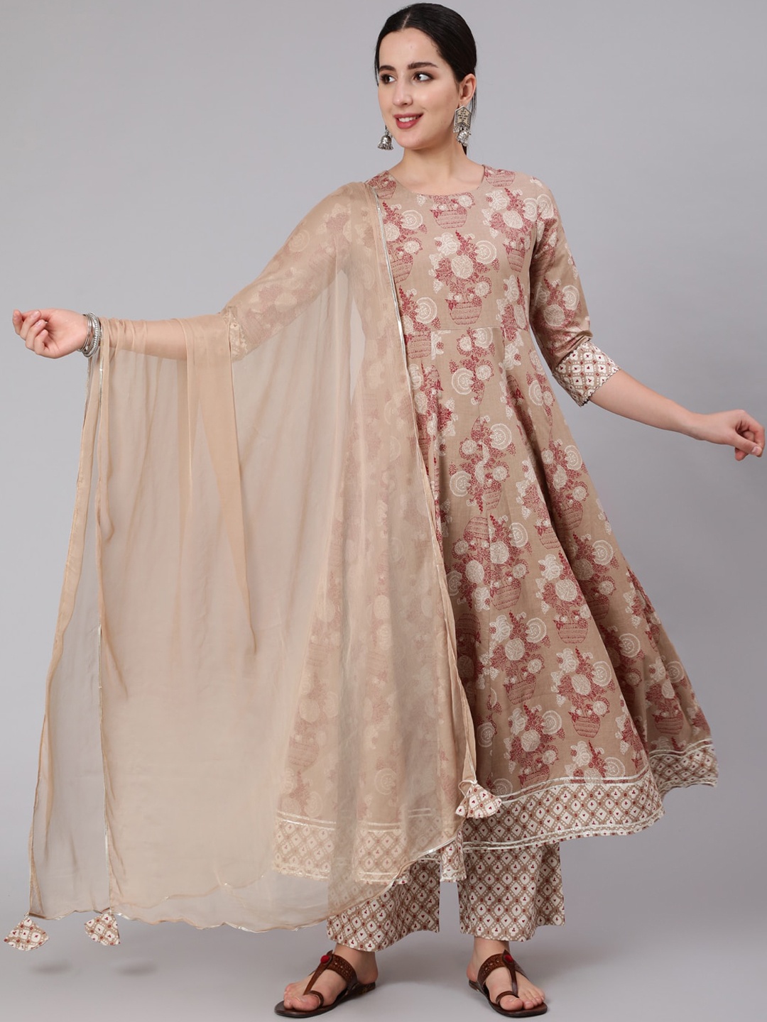 

KIMAYRA Floral Printed Pure Cotton Anarkali Kurta & Palazzos With Dupatta, Beige