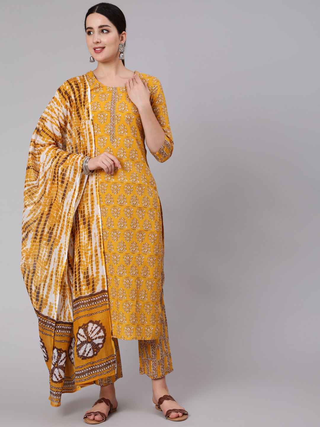 

KIMAYRA Ethnic Motifs Printed Pure Cotton Straight Kurta & Trousers With Dupatta, Mustard