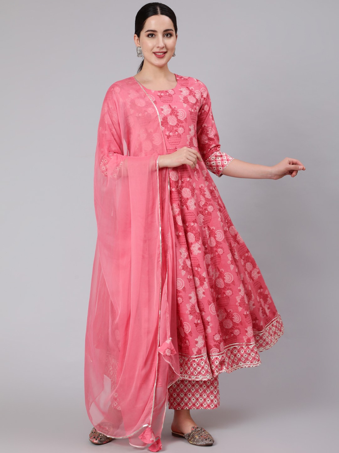 

KIMAYRA Ethnic Motifs Printed Empire Pure Cotton Kurta With Palazzos & Dupatta, Pink