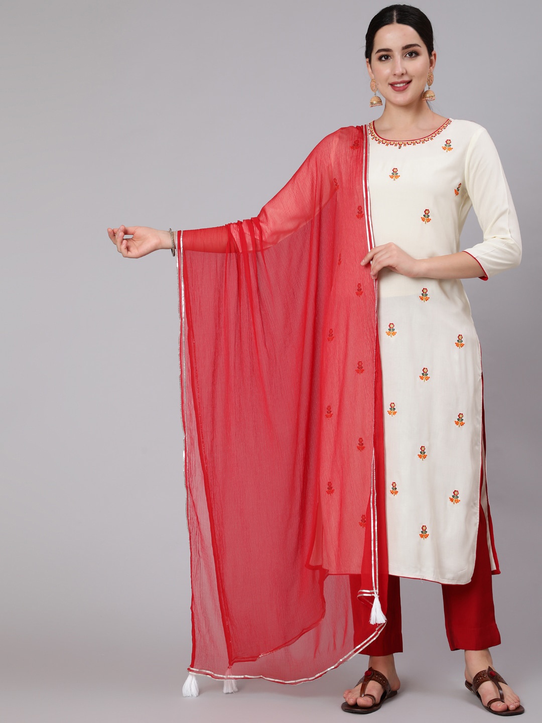 

KIMAYRA Floral Embroidered Straight Kurta & Trousers With Dupatta, White