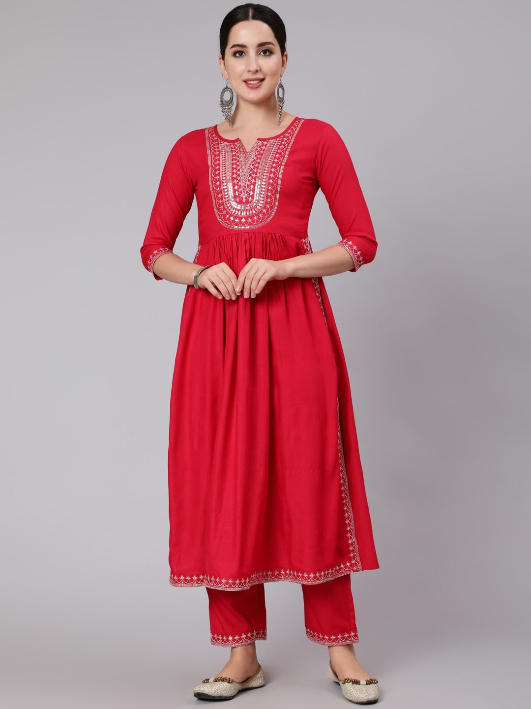

KIMAYRA Ethnic Motifs Yoke Design Empire Kurta With Trousers, Red