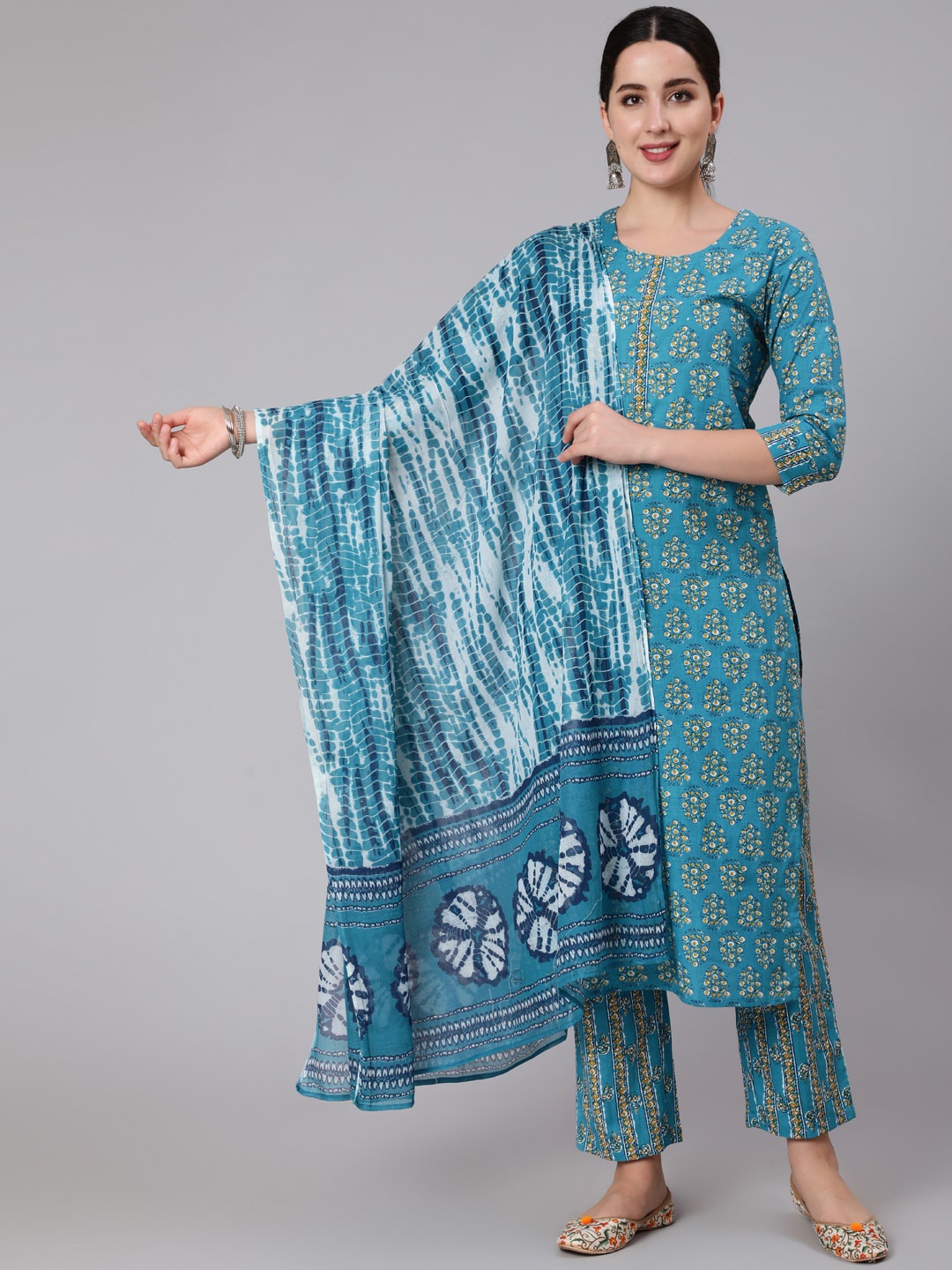 

KIMAYRA Floral Printed Regular Pure Cotton Kurta With Trousers & Dupatta, Blue