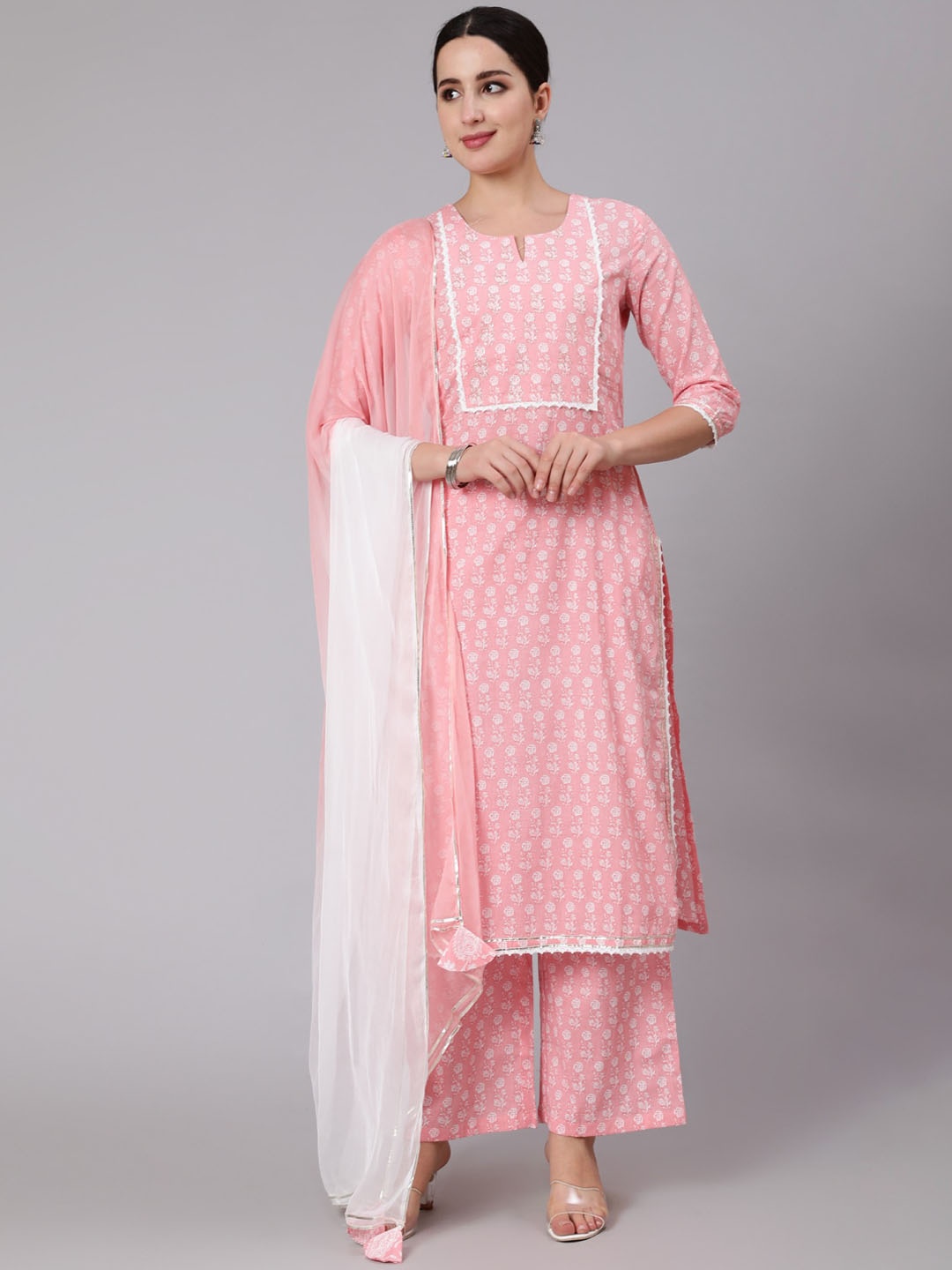 

KIMAYRA Floral Printed Pure Cotton Straight Kurta & Palazzos With Dupatta, Pink