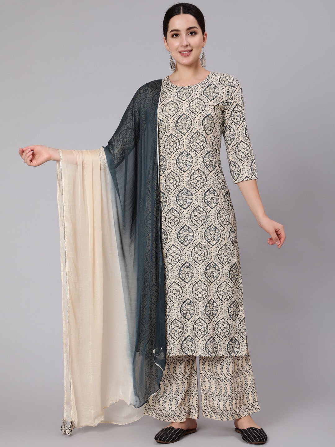 

KIMAYRA Ethnic Motifs Printed Straight Kurta & Palazzos With Dupatta, Grey