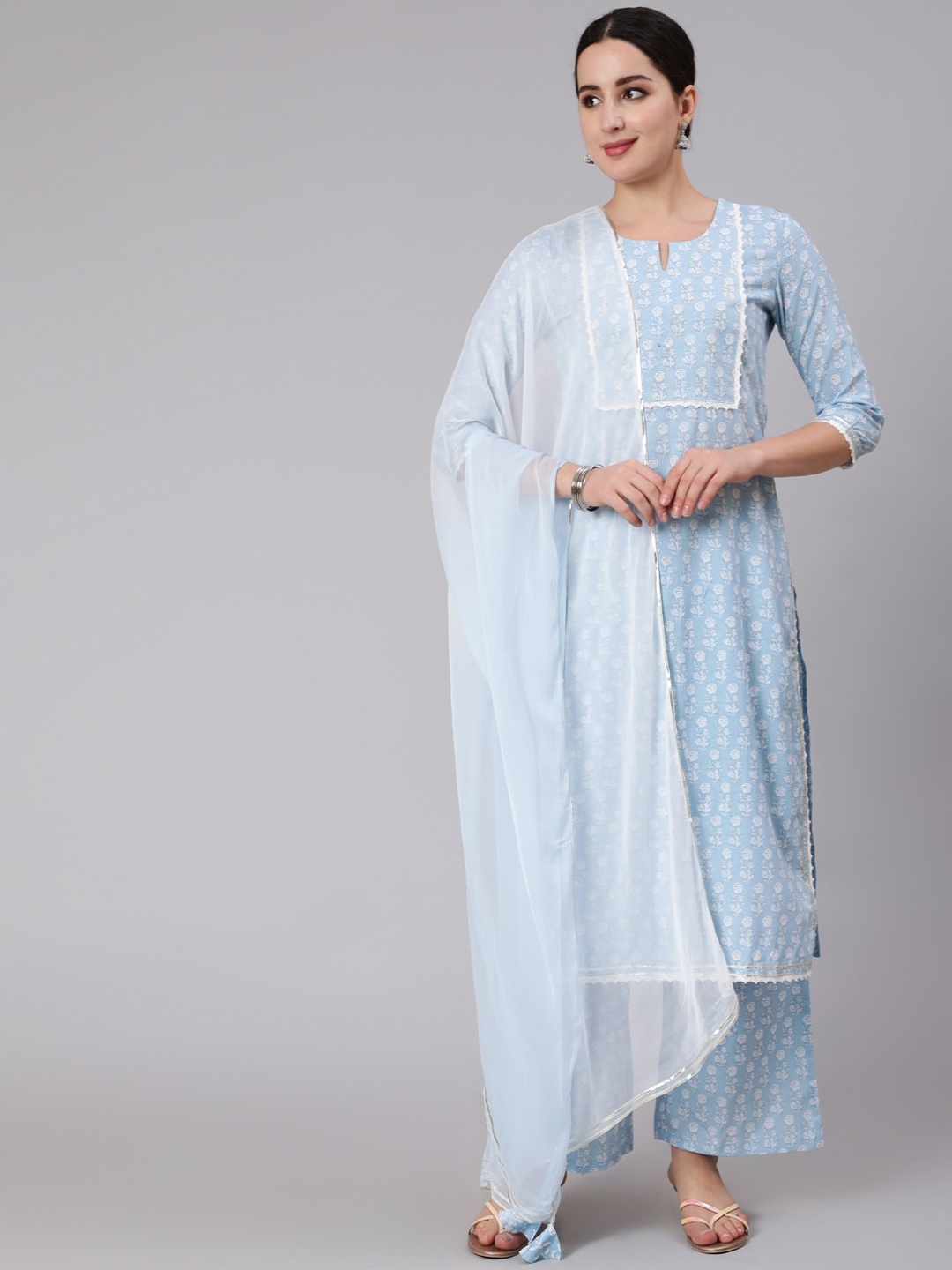 

KIMAYRA Floral Printed Regular Pure Cotton Kurta With Palazzos & Dupatta, Blue