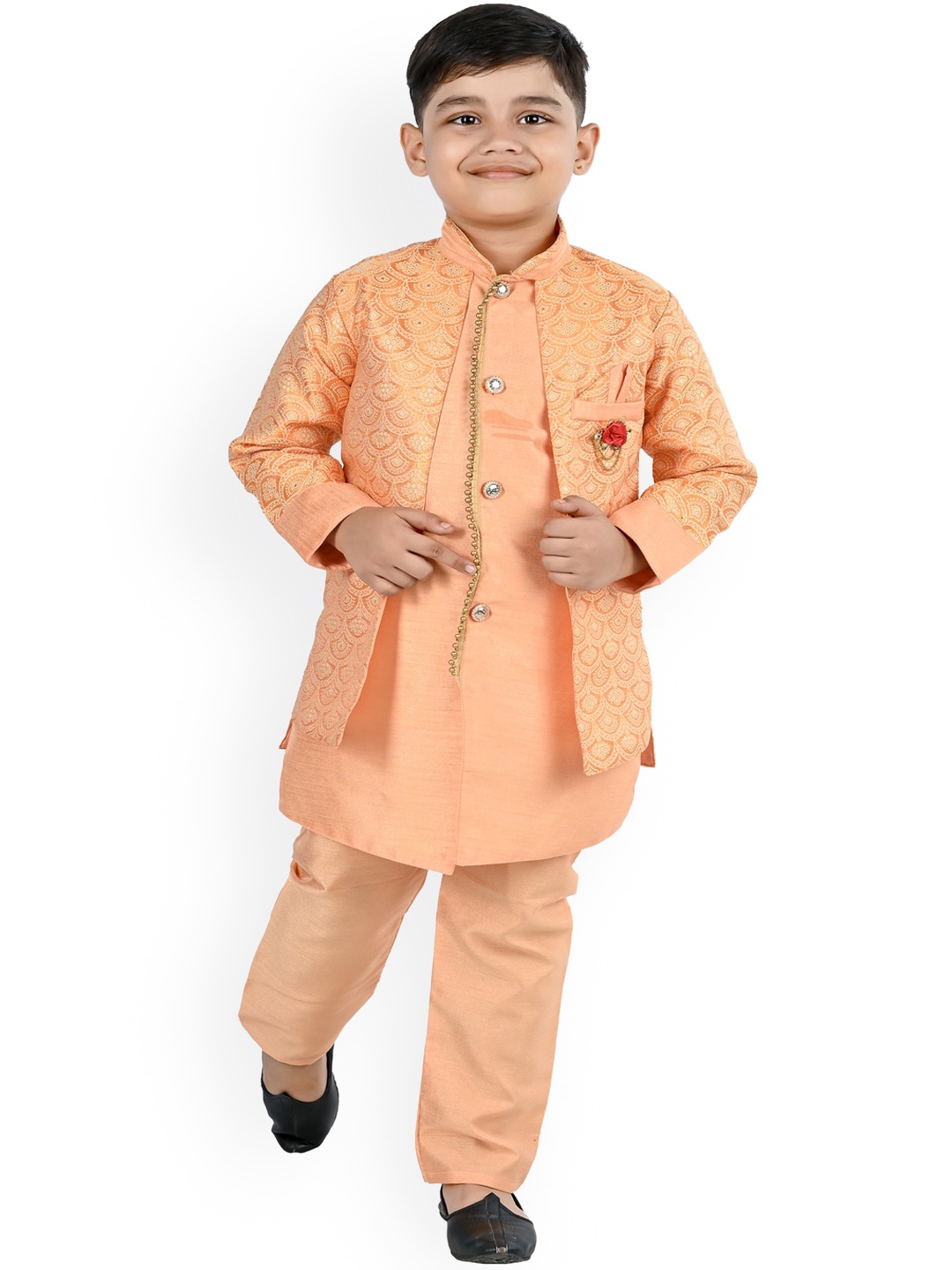 

BAESD Boys Mandarin Collar Regular Kurta With Pyjamas With Woven Design Jacket, Orange