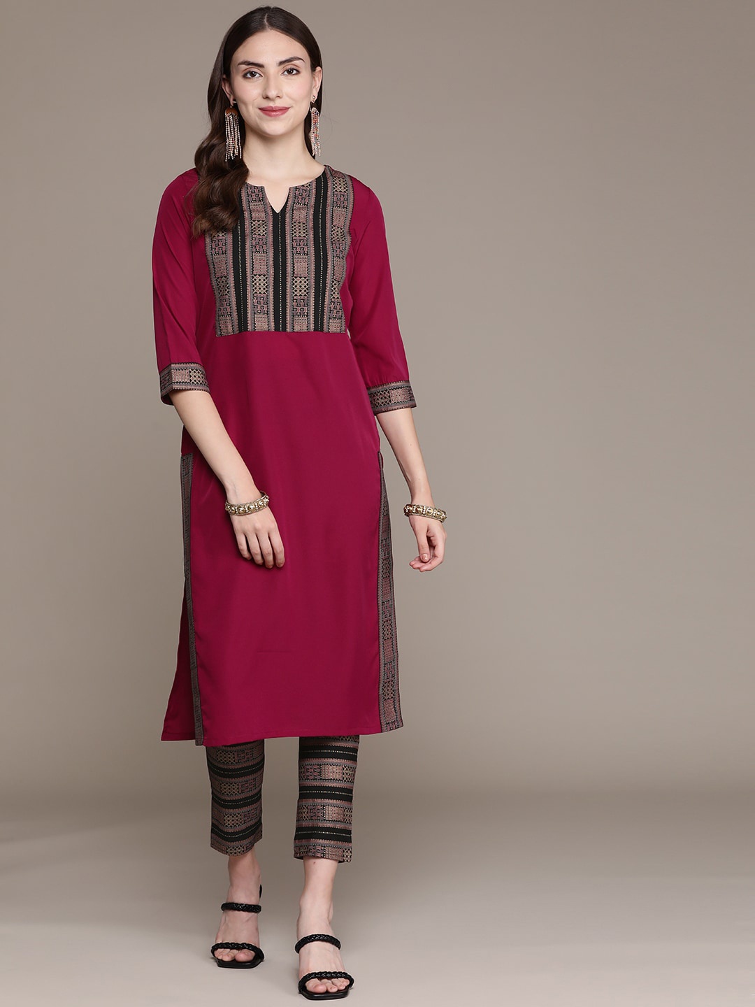 

Sangria Pink Ethnic Motifs Yoke Design Straight Kurta With Trousers