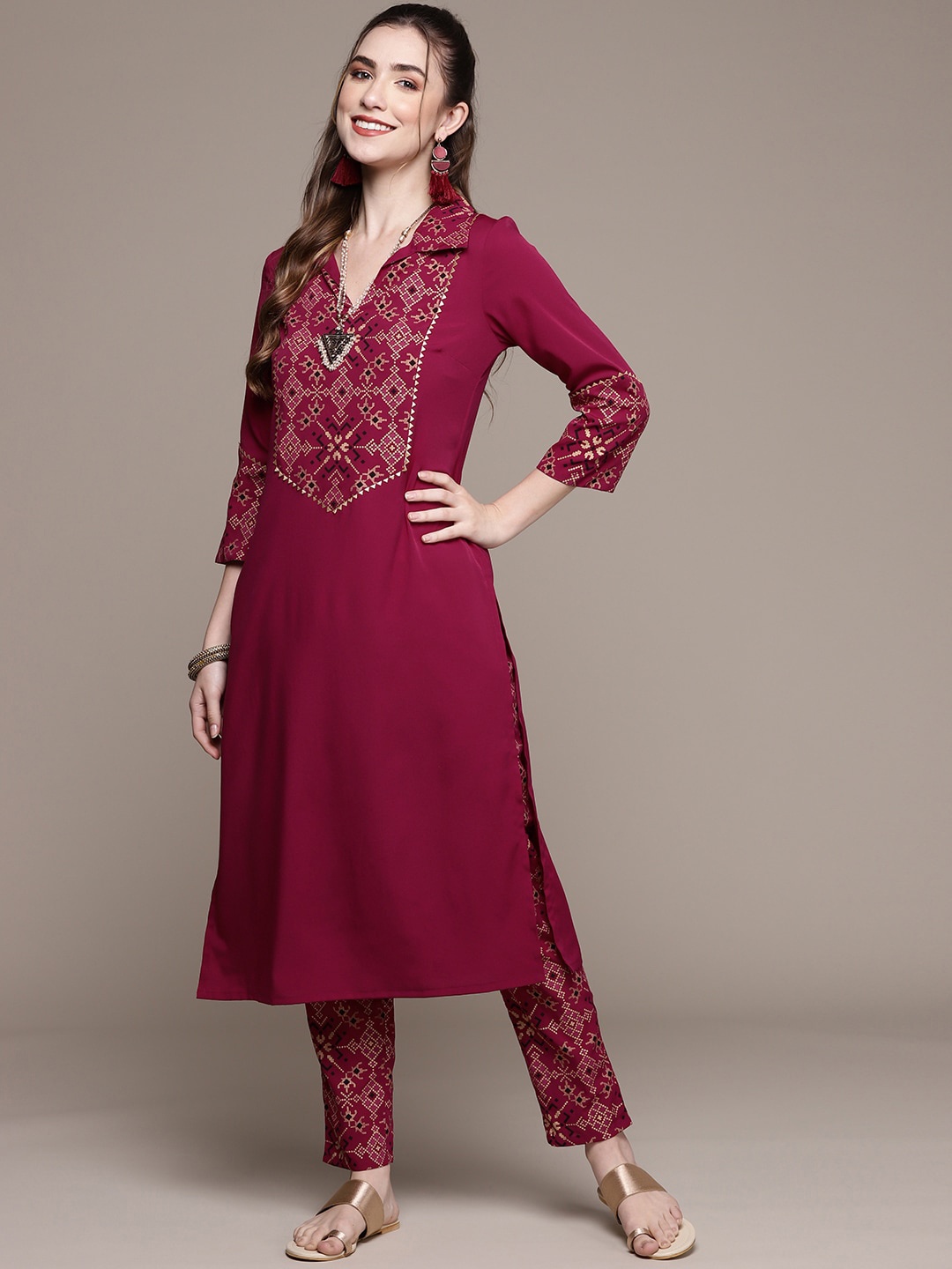 

Sangria Maroon Ethnic Motifs Yoke Design Gotta Patti Detailed Straight Kurta With Trousers