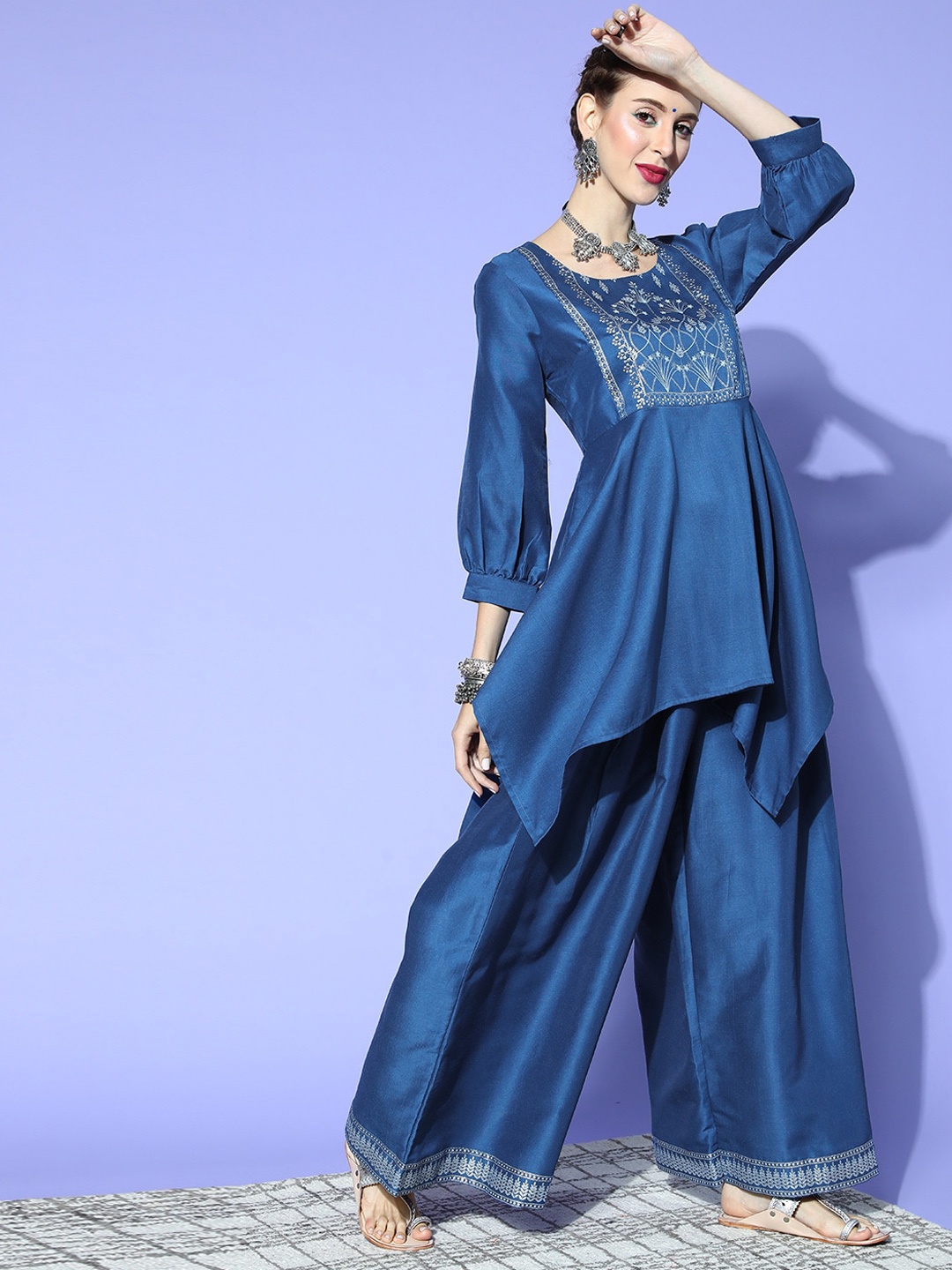 

Sangria Floral Yoke Design Puffed Sleeves A-Line Kurti With Palazzo, Blue