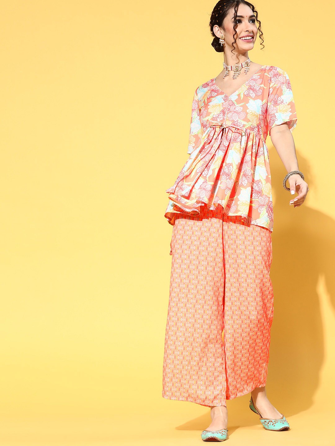 

Sangria Floral Printed Pure Cotton Flared Kurta & Palazzo, Orange