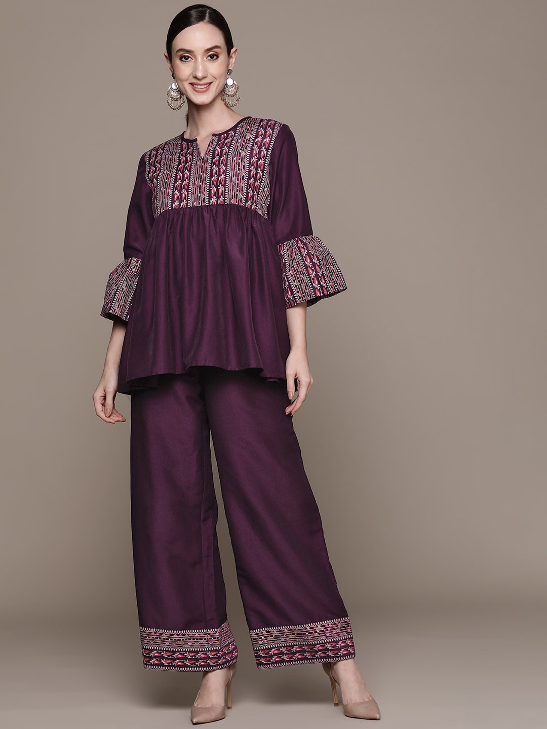 

Sangria Ethnic Motifs Yoke Design Printed A-Line Kurti With Palazzo, Purple