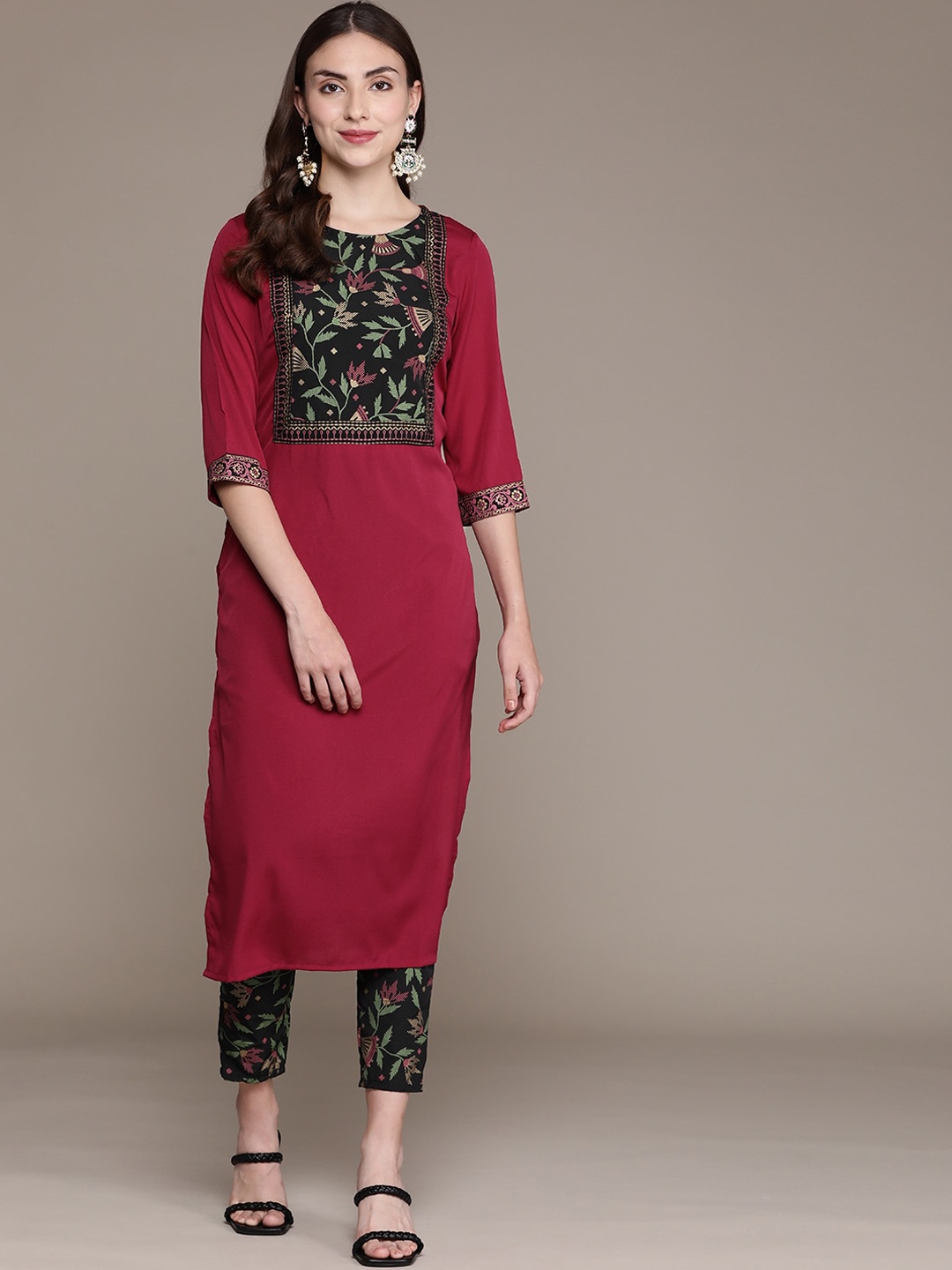 

Sangria Red Yoke Design Straight Kurta With Trouser, Pink