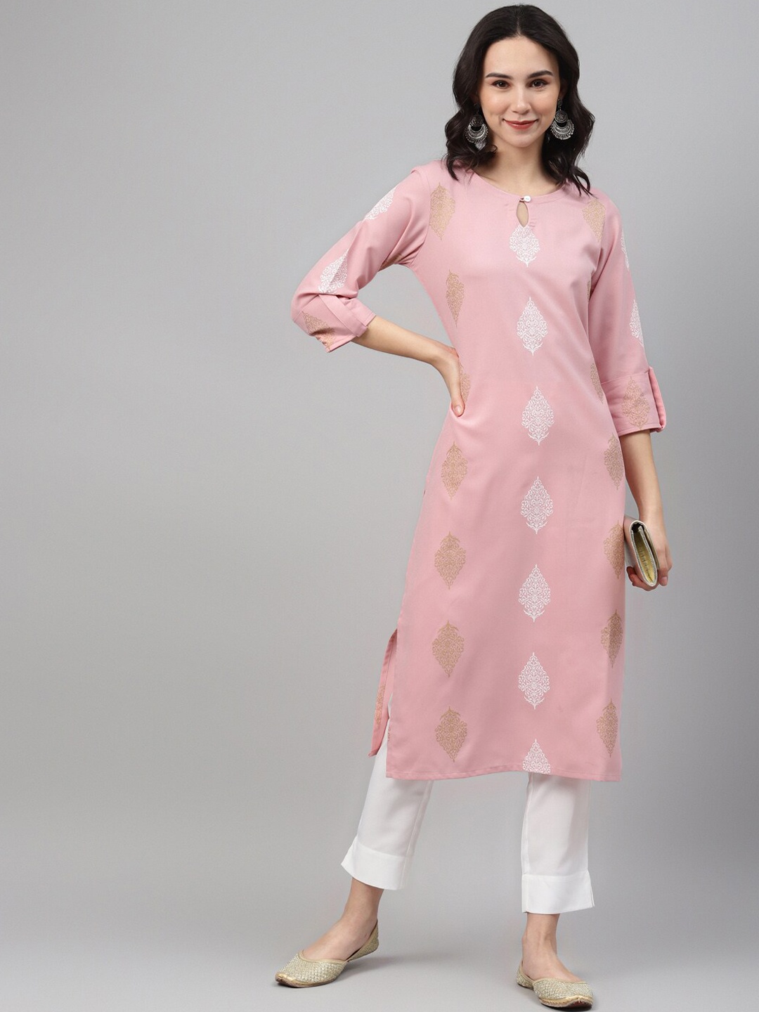 

Sangria Ethnic Motifs Printed Key-hole Neck Straight Kurta With Trouser, Pink