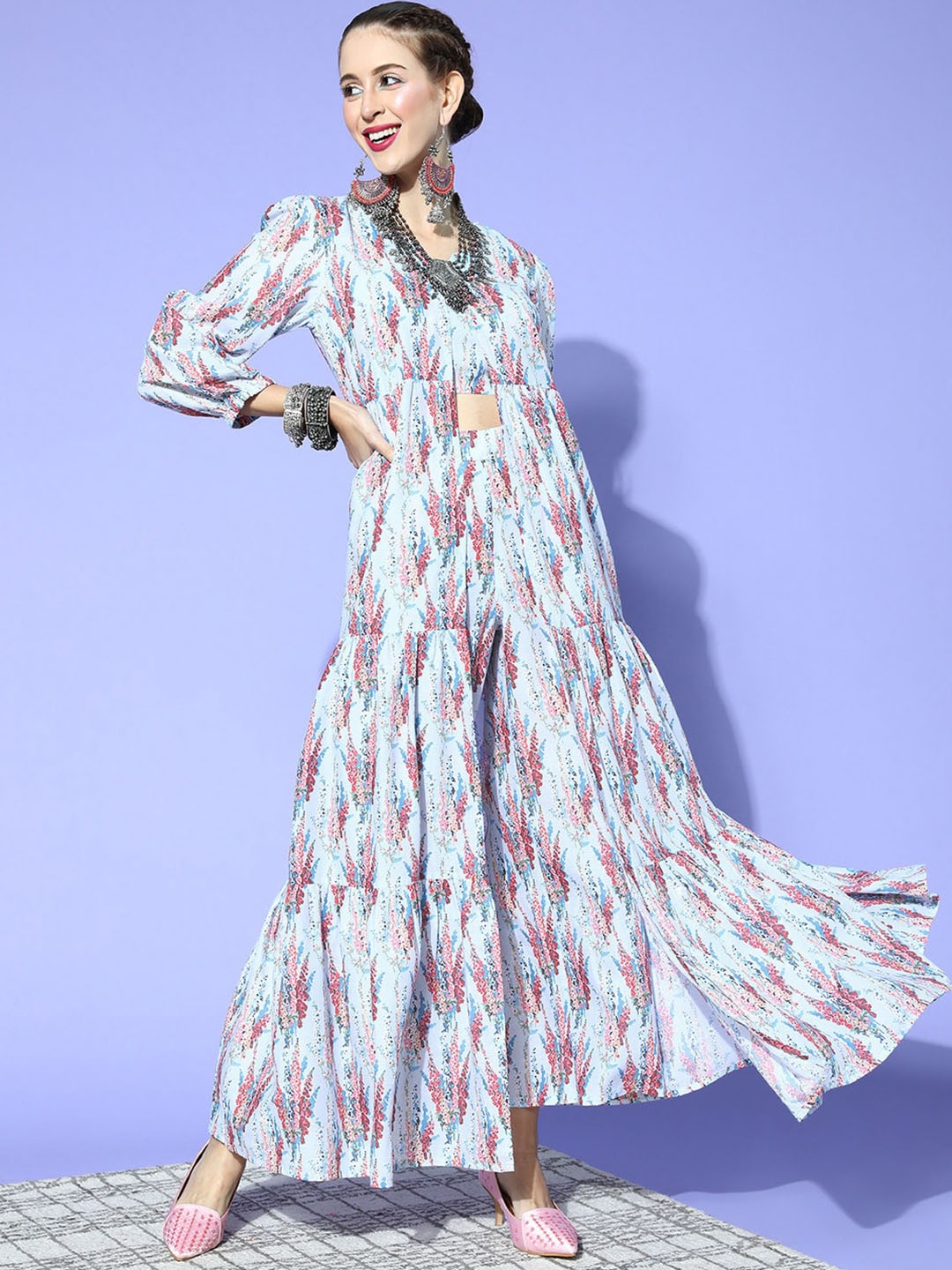 

Sangria Ethnic Motif Printed Shoulder Strap Neck Pure Cotton Top & Trousers With Jacket, Blue