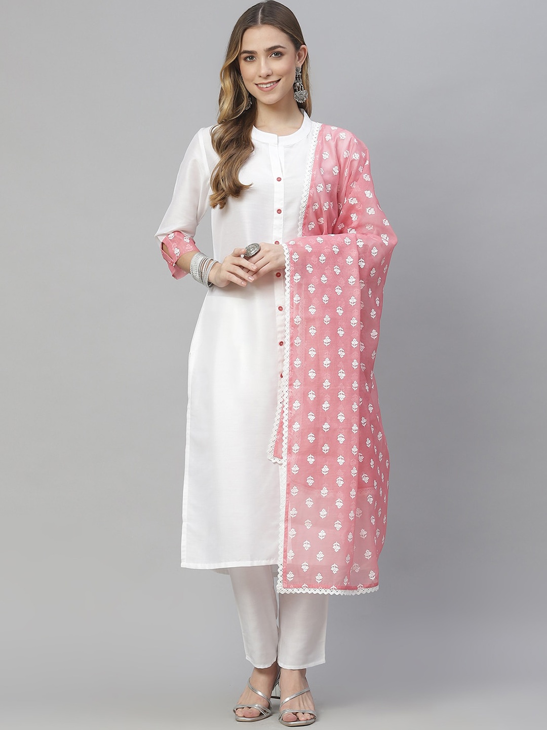 

Sangria Band Collar Kurta With Trouser & Dupatta, White