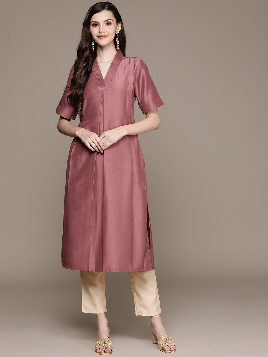 

Sangria Brown V-Neck Pleated Straight Kurta With Trousers