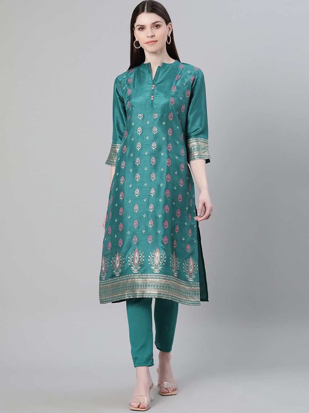 

Sangria Mandarin Collar Poly Silk Kurta & Pant Set, Green